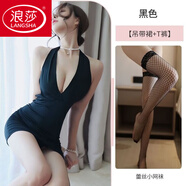 浪莎（LangSha）睡衣女冰冰涼涼情調內衣秘書激l情火辣床上性感誘惑小胸大碼免脫 深V裸背包臂裙黑色+T褲+黑色網 均碼 95--130斤