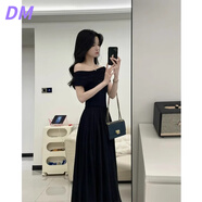 DALEY MODE黑色一字肩連衣裙女感露肩長(cháng)裙夏季穿搭內搭法式性感裙子收腰百搭 黑色 S