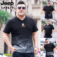 JEEP SPIRIT吉普夏薄新款潮胖子大碼短袖T恤男裝加肥寬松肥佬半袖V領(lǐng)純棉衣服 黑色 A款 2XL --160-190斤