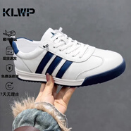 KLWP香港男鞋子男2025新款小白鞋頭層牛皮運動休閑鞋潮流鞋子男百搭德 白藍色[標準版] 38