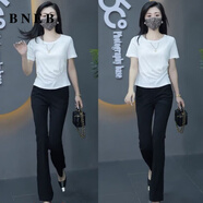 BNEB夏季復(fù)古時(shí)尚套裝女2025新款洋氣短袖T恤高檔氣質(zhì)微喇叭褲一整套 白色短袖+黑色褲子（套裝） XL 建議（115-125斤）