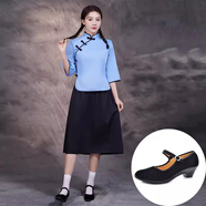 炫逐民國學生裝女五四青年裝民國風女裝學生服裝復古中山裝合唱演出服 藍色上衣+中裙+高跟鞋留言鞋碼 L
