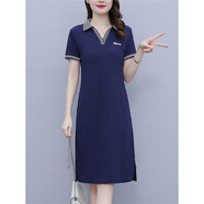 品計廣東十三行高端大氣連衣裙子40-50歲POLO女夏季翻領(lǐng)遮肚減齡顯瘦 藏青色 L