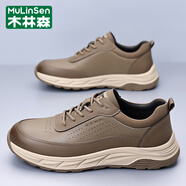 木林森（MULINSEN）品牌男鞋2025秋季新款真皮透氣舒適運(yùn)動(dòng)跑步鞋軟底防滑休閑鞋子男 卡其色 43