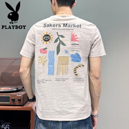 花花公子（PLAYBOY）棉麻短袖t恤男2025夏季新款男裝圓領(lǐng)后背卡通印花半袖體恤衫 杏色 M 建議【100斤-130斤】