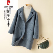 皮爾卡丹（pierre cardin）雙面羊絨大衣女西裝領中長款韓版繭型寬松小個子呢子外套 人字紋風暴藍 S 95-115斤