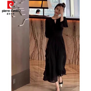皮爾卡丹（pierre cardin）法式赫本風(fēng)黑色連衣裙女夏裝大碼微胖mm名媛氣質(zhì)顯瘦減齡雪紡長(cháng)裙 黑色連衣裙 M 【建議80-100斤】