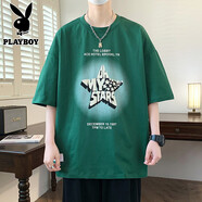花花公子（PLAYBOY ESTABLISHED 1953）短袖t恤男士夏季2025新款寬松青少年港風(fēng)帥氣圓領(lǐng)體恤衫 1123綠色 L  110-130斤