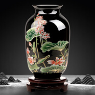 傲世景德鎮(zhèn)陶瓷器新中式花瓶工藝品客廳擺件酒柜玄關(guān)茶室博古架裝飾品 烏金釉清荷冬瓜瓶+底座