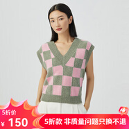 哥弟真的好（GIRDEAR）女裝V領(lǐng)拼色提花寬松馬甲背心純羊毛針織衫女A301010 綠粉格 M (3碼)