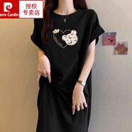 皮爾卡丹（pierre cardin）小飛袖純棉T恤裙女2024新款寬松休閑大碼連衣裙下擺開(kāi)叉長(zhǎng)裙夏季 黑色(愛(ài)心小熊) M 85-105斤