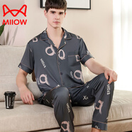貓人（MiiOW）冰絲綢睡衣男士長(cháng)袖夏季薄款短袖長(cháng)褲冰感綢寬松翻領(lǐng)仿真絲家居服 YD-6001時(shí)尚大Q L 【-140斤】