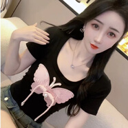 紫昕月新中式國風(fēng)短款百搭圓領(lǐng)蝴蝶低領(lǐng)短袖恤女夏裝新款寬松打底上衣 蝴蝶短款黑色 M 【建議95-105斤】