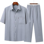 HUALIN FASHION夏季中老男士襯衫套裝短袖休閑褲中國(guó)風(fēng) 002翻領(lǐng)襯衫套裝/淺灰色 44 建議165-190斤