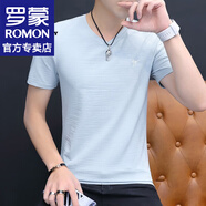 羅蒙（ROMON）純色條紋短袖t恤男士春夏季新款寬松短袖男T半袖打底衫上衣服男 淺藍(lán)色 3XL （約150-170斤可穿）