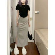 賢語(yǔ)大碼胖m歐美ins辣妹開(kāi)叉工裝裙女高腰包臀裙夏季長(cháng)裙顯瘦半身裙 灰咖色 S 【 80-100斤】