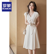 羅蒙（ROMON）2025夏季新款法式V領(lǐng)簡(jiǎn)約淑女系帶收腰顯瘦連衣裙女純色氣質(zhì) 米白色 S 建議90-100斤