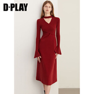 DPLAY2025春季氣質(zhì)復(fù)古紅色連衣裙女法式氣質(zhì)收腰長(zhǎng)款針織毛衣裙 長(zhǎng)款-連衣裙-果醬紅 S