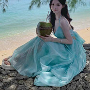 巧丂薄荷曼波海邊度假氛圍感沙灘裙設計感掛脖連衣裙仙女氣質(zhì)大擺裙子 湖水綠 L