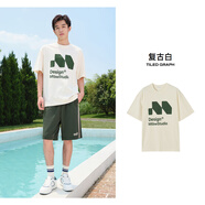 美特斯邦威（Meters Bonwe）t恤男2025夏季新款潮流字母印花寬松白色短袖情侶上衣七夕 復古白 L 175