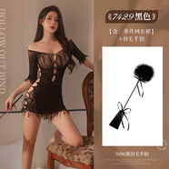 霏慕一字肩提花破洞網(wǎng)衣裙7429連衣裙性感誘惑20箱均碼 黑單件網(wǎng)衣裙+7696黑羽手拍
