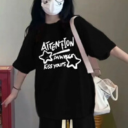 Baldauren大童女裝夏季套裝新款12-15歲初中高中學(xué)生17少女寬松短袖t恤休閑 星星#黑色短袖【單上衣】 薄款 160 (L) 【105-120】斤