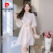 皮爾卡丹（pierre cardin）法式燈籠袖雪紡連衣裙高級感女裝夏季短款小個子顯瘦夏裙2025新款 白色 L
