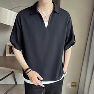 暢登美式復古工裝短袖t恤男設計感寬松潮牌大碼多口袋Polo小衫上衣男 黑色 【4055#】 2XL