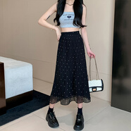 月半晴（YUEBANQING）小圓點(diǎn)波點(diǎn)雪紡百褶裙女2025春夏季新款高腰顯瘦薄洋氣百搭 黑色 關(guān)注店鋪優(yōu)先發(fā)貨哦 S 建議80-95斤
