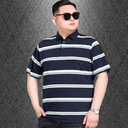 FEEKEKE奢侈品男裝男夏季胖子撞色條紋polo衫加肥加大男士棉質(zhì)翻領(lǐng)體恤 深藍(lán)色 3XL 【穿160/180斤】