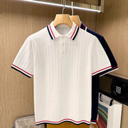 NPZ法式奢華男士拼色上衣翻領(lǐng)短袖時(shí)尚新款豎條紋理針織polo衫男 白色 3XL