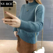 NY-RCE仿水貂絨毛衣女2025秋冬新款短款套頭加絨加厚針織衫寬松打底衫潮 不加絨-灰綠色-不掉毛 M