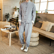 梧桐一夢(mèng) 春秋中國風(fēng)男裝唐裝套裝棉麻兩件套中式茶服居士服漢服民族服裝 淺灰色 XL
