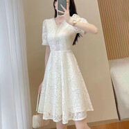 皮爾卡丹（PIERRE CARDIN）淑女氣質(zhì)小個(gè)子蕾絲連衣裙2025夏裝新款時(shí)尚收腰顯瘦短袖a字裙子 杏色 M 建議95-107斤
