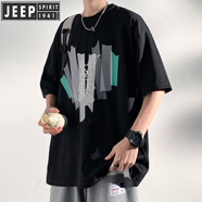 JEEP SPIRIT吉普t恤男夏季新款短袖男士設計感潮牌潮流寬松百搭情侶半袖上衣 3963黑色 3XL (建議155~180斤)