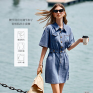 Olrain歐芮兒短袖牛仔連衣裙夏季女裝收腰顯瘦薄款通勤裙子 淺藍(lán)色  XL 