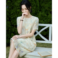 德瑪納【蝴蝶印花】夏季優(yōu)雅風圓領寬松腰短袖A字后中拉鏈女式連衣裙