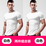 簡(jiǎn)束（JOONSVIP）短袖t恤男純色棉質(zhì)圓領(lǐng)修身緊身打底衫男夏季彈力運(yùn)動(dòng)半袖T恤上衣 白色+白色 /兩件裝 2XL （145-160斤左右修身型）