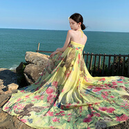 YIOU飄逸一字領(lǐng)老鷹花朵印花度假開(kāi)叉連衣裙女夏季小眾設計感沙灘裙96 圖片色 S