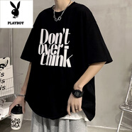 花花公子（PLAYBOY）t恤男高街港風(fēng)英文寬松大碼胖子加肥百搭純棉夏季半袖情侶裝短袖 T114黑色 S