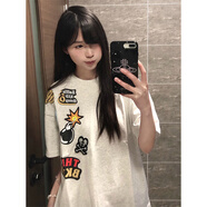 燦圖刺繡純棉短袖t恤女夏季寬松潮流涂鴉五分半袖小眾情侶百搭上衣服 白灰色 M 【建議80-100斤】