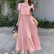 HUALIN FASHION甜腰荷葉邊連衣裙套裝女夏2025新款短款泡泡袖襯衣初戀裙純色 粉色 S 80-95