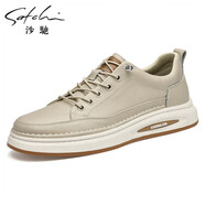 沙馳男鞋2025新款厚底小白鞋百搭潮鞋透氣運動(dòng)鞋男真皮休閑板鞋男 米白色 41