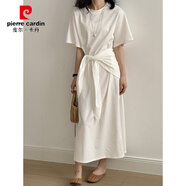 皮爾卡丹（pierre cardin）簡(jiǎn)約圓領(lǐng)短袖連衣裙 夏季新款披肩腰帶兩用寬松長(cháng)裙 白色 均碼