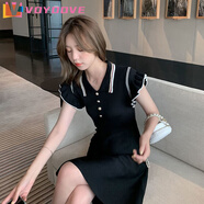 VOYDOVE法式冰絲針織連衣裙女2025新款夏季短款學(xué)院風(fēng)收腰顯瘦百搭裙子 黑色 XL