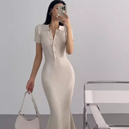 康創(chuàng  )暉歐美式御姐風(fēng)魚(yú)尾針織連衣裙女夏長(cháng)款polo修身通勤緊身短袖包臀裙 杏色【版】 S