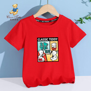 Classic Teddy童裝兒童t恤男女童短袖T恤薄款半袖寶寶衣服夏裝洋氣上衣 漫畫小熊織標(biāo)短袖大紅 100