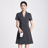 特洛曼雙排扣短袖西裝連衣裙女夏季修身顯瘦OL氣質(zhì)時(shí)尚休閑裙子灰色