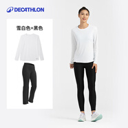 迪卡儂（DECATHLON）運動(dòng)褲女褲春秋寬松大碼休閑褲瑜伽褲修身顯瘦運動(dòng)褲直筒闊腿長(cháng)褲 運動(dòng)防曬女士長(cháng)袖T恤 白色 +黑色 2XL