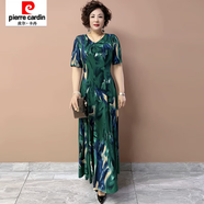皮爾卡丹2025夏季新款短袖冰麻氣質(zhì)彈力收腰顯瘦媽媽花色長款洋氣大擺裙子 2889#冰絲連衣裙 綠花 XL 90-115斤